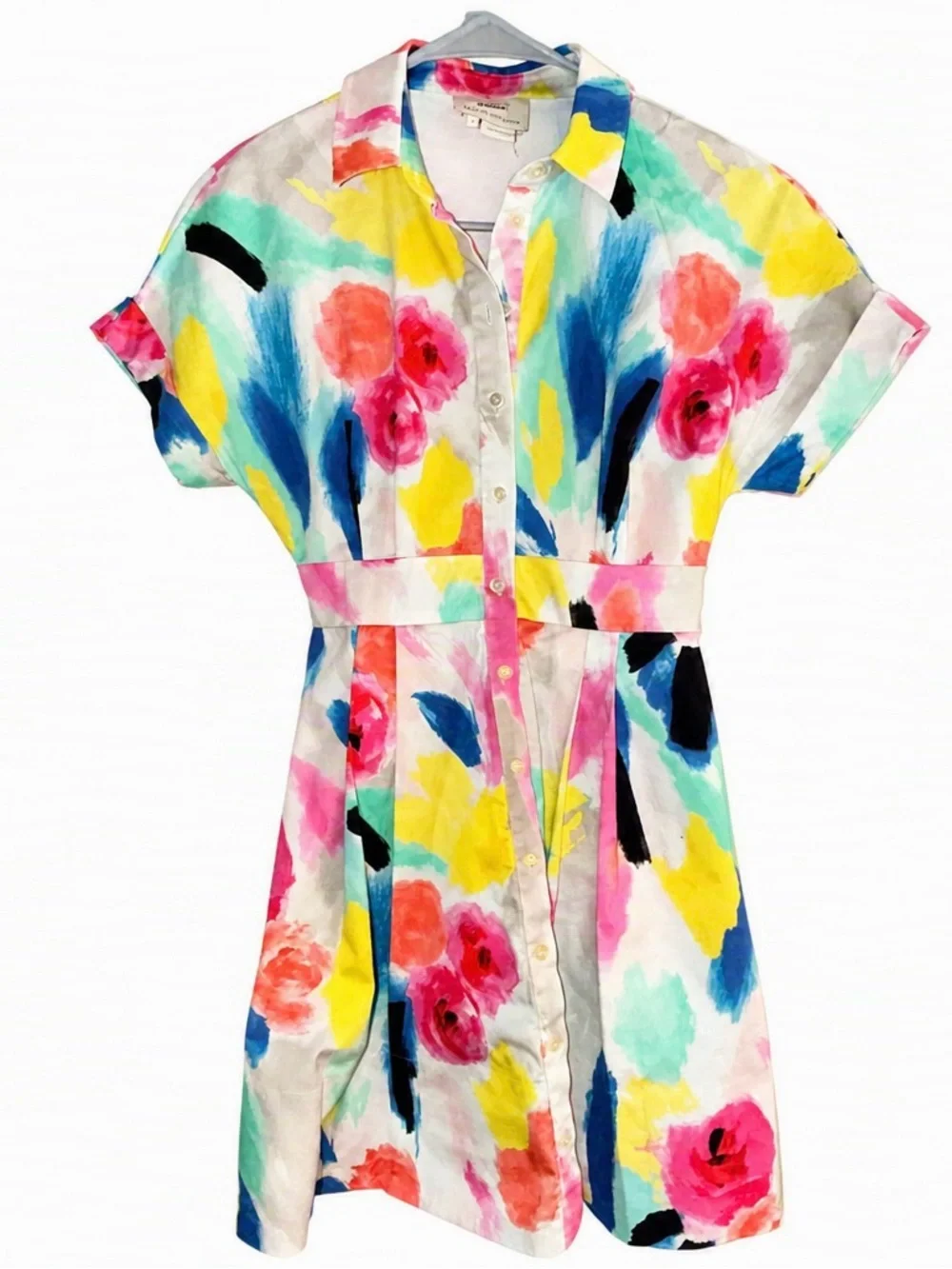 Kate Spade Short‑Sleeve Watercolor Shirt Dress – Painterly Floral Dip‑Tone Sz 0
